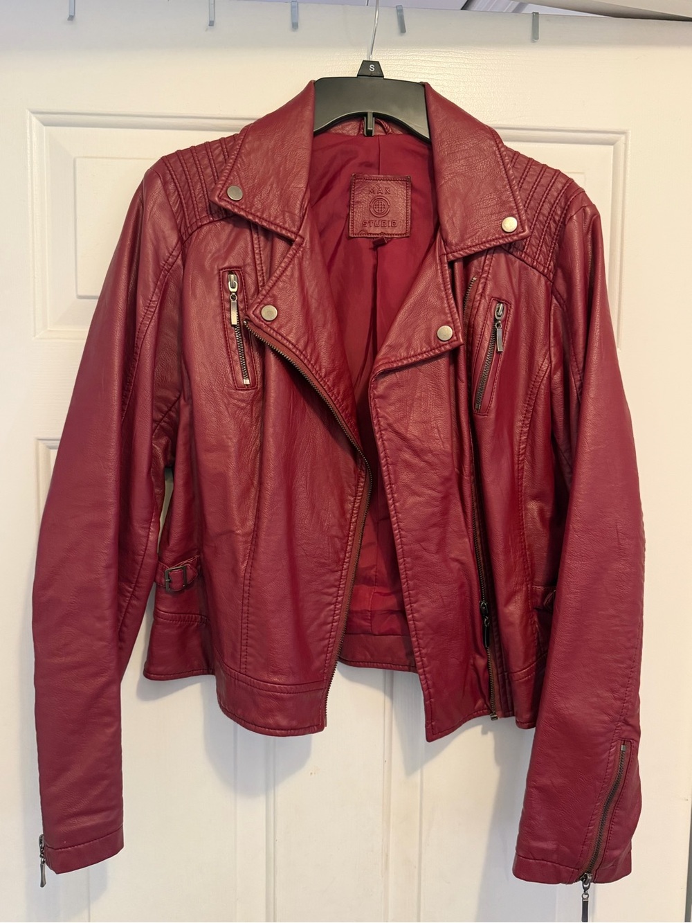 Max Studio Red Faux Leather Moto Jacket